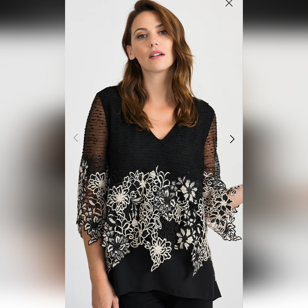 Joseph Ribkoff Black and Champagne Lace Women's Top, EUC Size 22